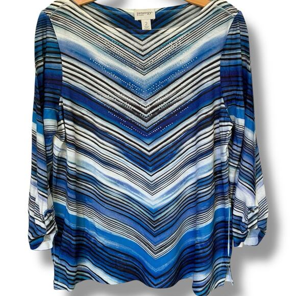 Chico's Zenergy Top Womens Size 2 (Large) Boat Neck Sparkle 3/4 Button Cuff - Picture 1 of 6